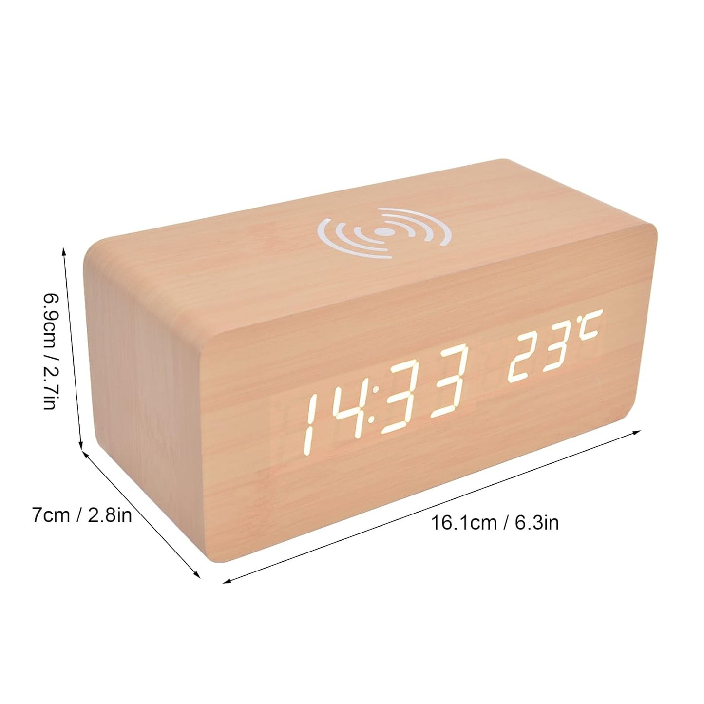 Wooden Digital Alarm Clock with LED Display & Wireless Charging