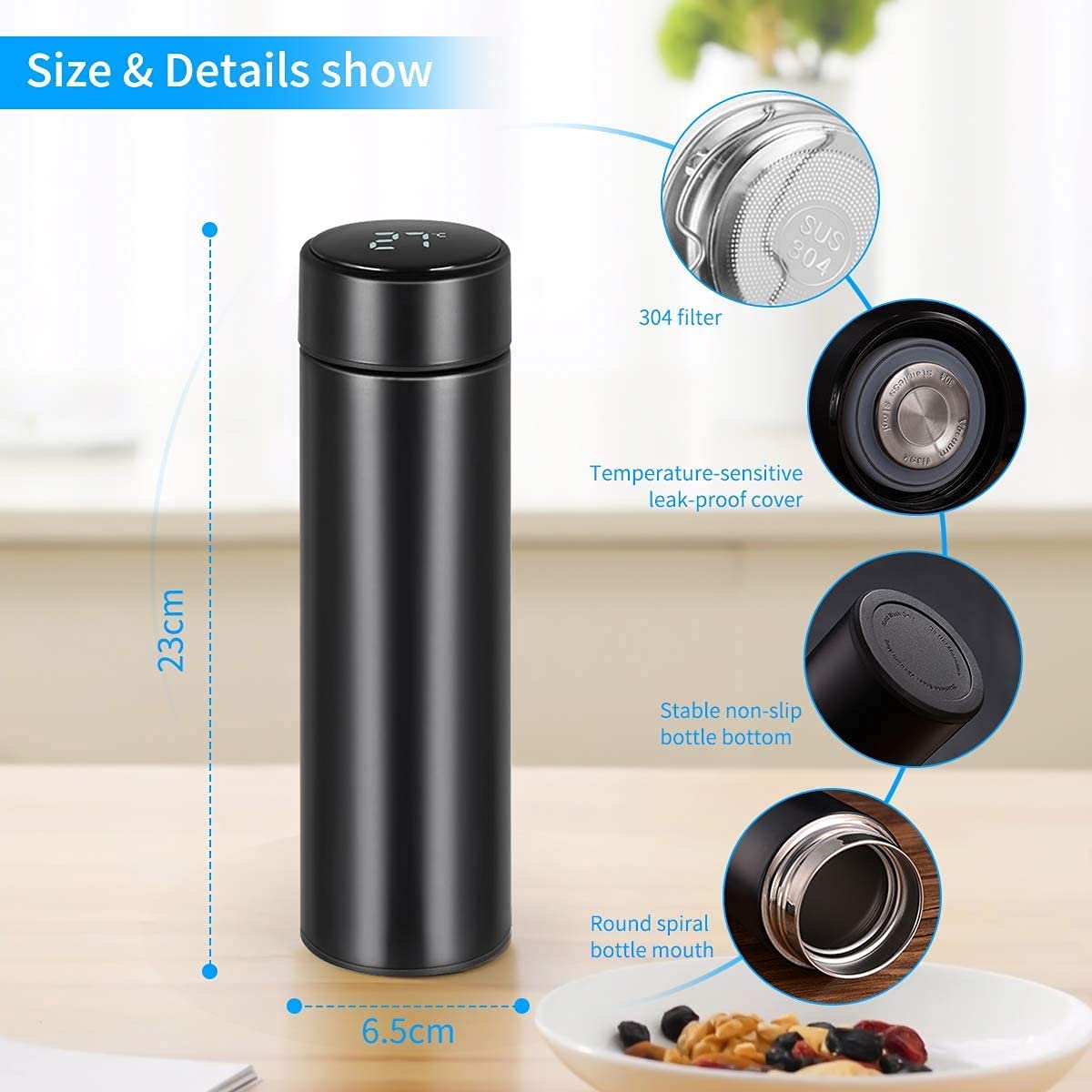 Smart Temperature Display Vacuum Flask Bottle – Black, Stainless Steel, Leakproof