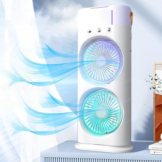 Double Decker Air Cooler with Remote, Dual Turbo Fan & 3-Level Mist Spray | USB Rechargeable | Compact Tower Fan (Pack of 1)Assorted Colour
