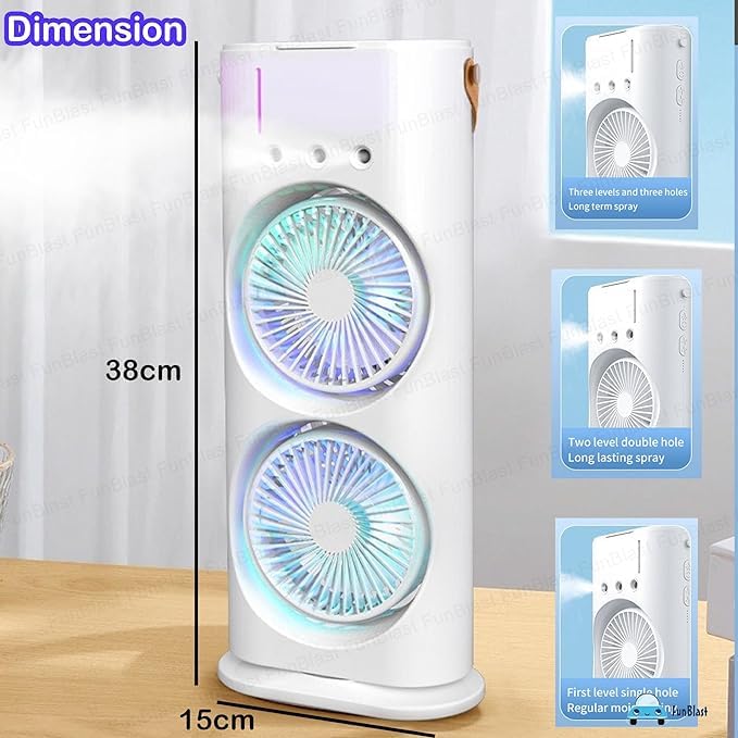 Double Decker Air Cooler with Remote, Dual Turbo Fan & 3-Level Mist Spray | USB Rechargeable | Compact Tower Fan (Pack of 1)Assorted Colour