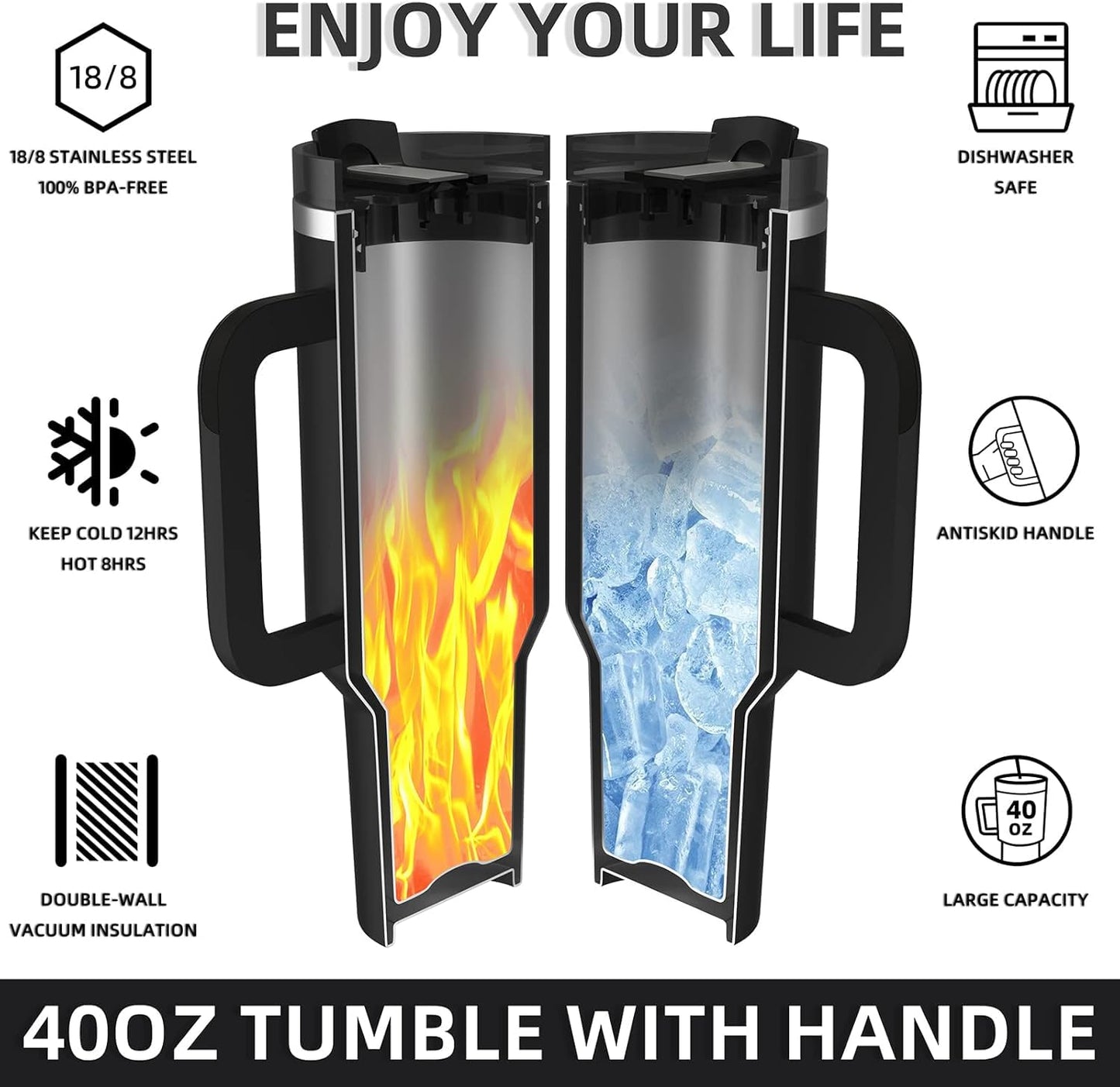 Stainless Steel Tumbler 1200ml with Handle & Straw – Pink, Double Wall Vacuum Insulated Travel Mug Assorted Color
