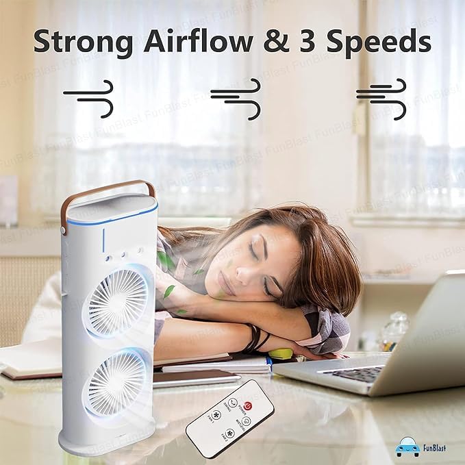 Double Decker Air Cooler with Remote, Dual Turbo Fan & 3-Level Mist Spray | USB Rechargeable | Compact Tower Fan (Pack of 1)Assorted Colour