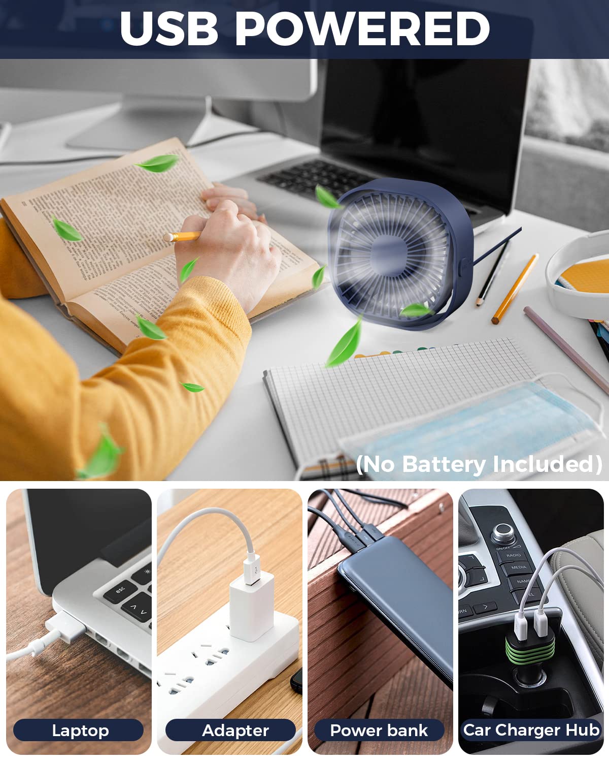 USB Desk Fan – Portable 360° Adjustable Silent Cooling Fan