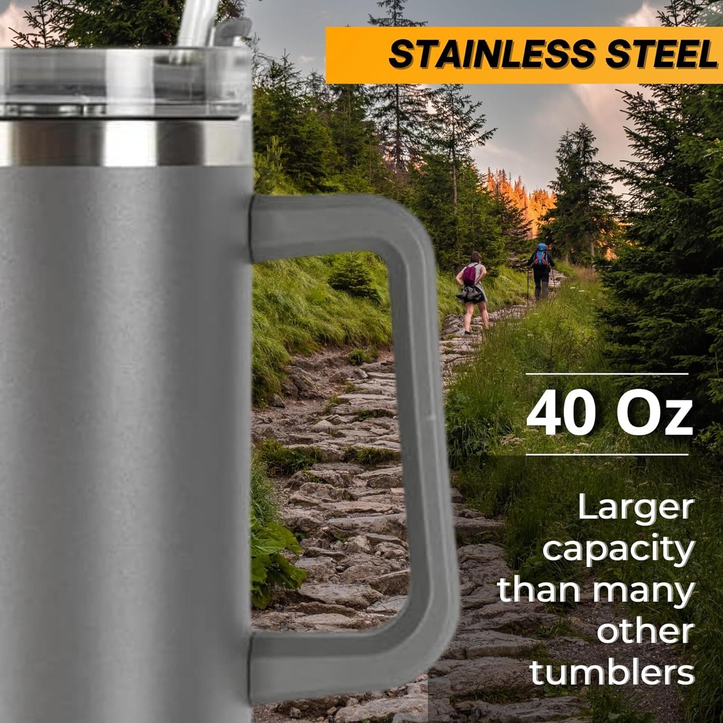 Stainless Steel Tumbler 1200ml with Handle & Straw – Pink, Double Wall Vacuum Insulated Travel Mug Assorted Color