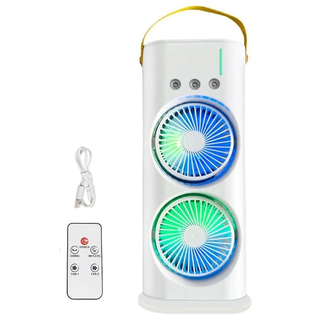 Double Decker Air Cooler with Remote, Dual Turbo Fan & 3-Level Mist Spray | USB Rechargeable | Compact Tower Fan (Pack of 1)Assorted Colour