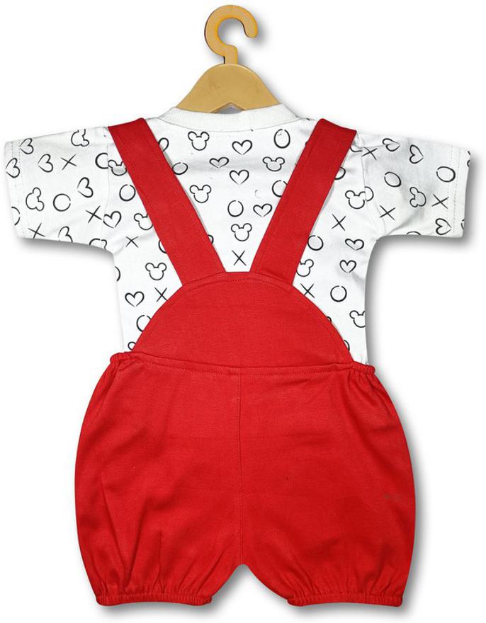 Shishu Cartoon Print Baby Dungaree Set - Red and White