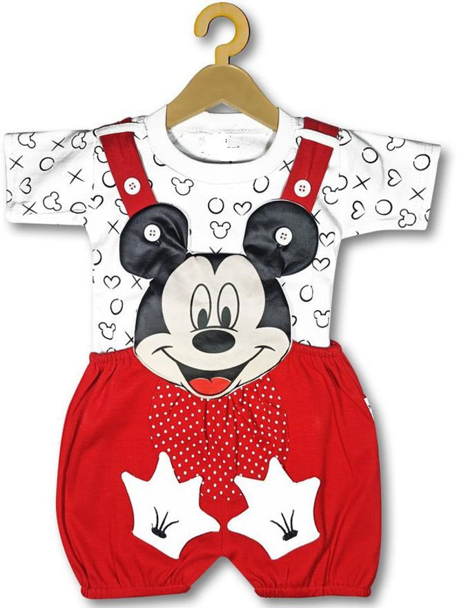 Shishu Cartoon Print Baby Dungaree Set - Red and White