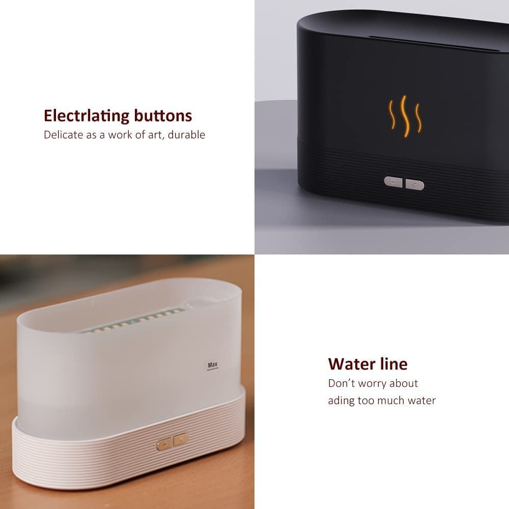 Palamu Flame Effect Essential Oil Diffuser & Humidifier in elegant black design with flame-like LED light and aromatic mist, enhancing home ambiance