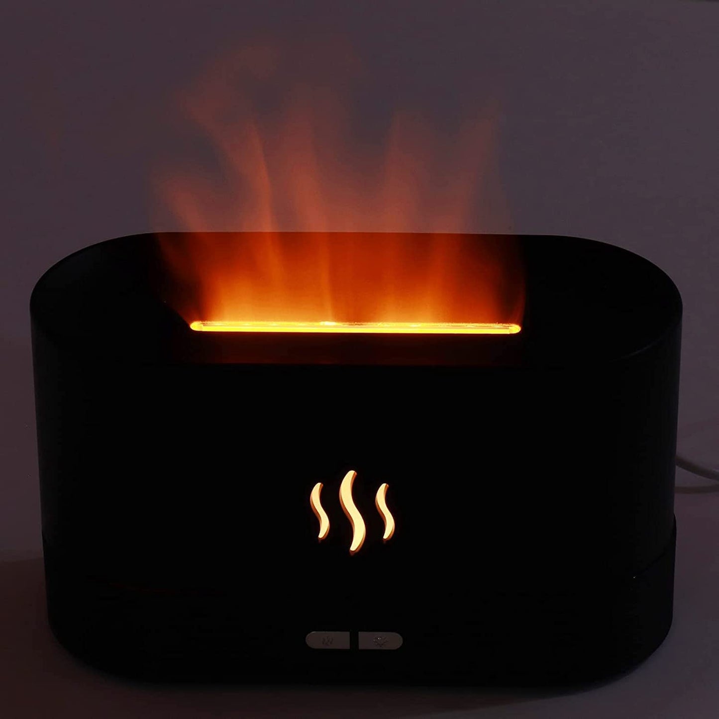 Palamu Flame Effect Essential Oil Diffuser & Humidifier in elegant black design with flame-like LED light and aromatic mist, enhancing home ambiance