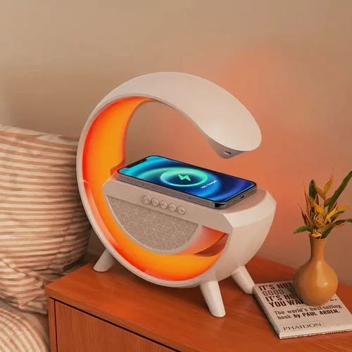 G Shape Bluetooth LED Wireless Speaker with RGB Mood Light, FM, USB/SD Support & Wireless Charging Dock – Assorted Color