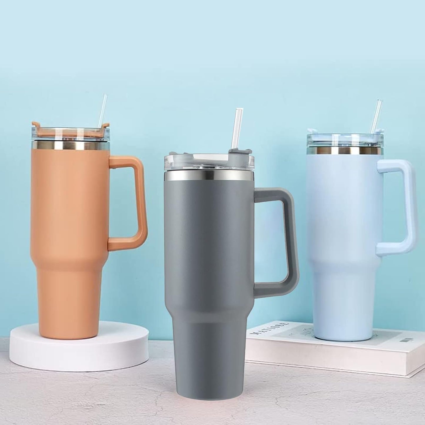 Stainless Steel Tumbler 1200ml with Handle & Straw – Pink, Double Wall Vacuum Insulated Travel Mug Assorted Color