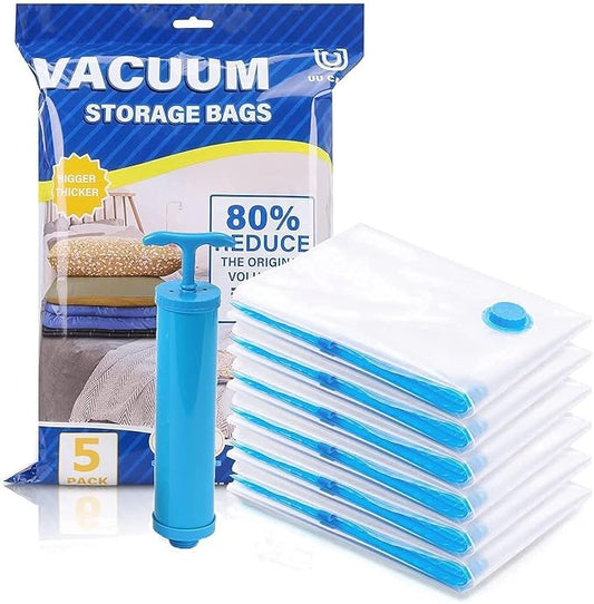 Vacuum Storage Bags with Manual Pump – 5 Pack | Space Saver Organizer