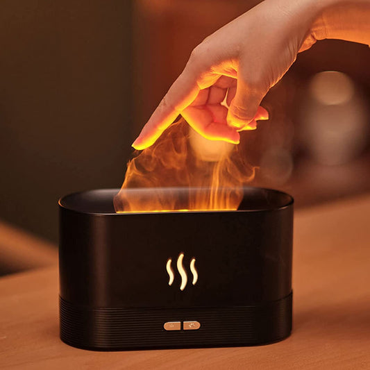 Palamu Flame Effect Essential Oil Diffuser & Humidifier in elegant black design with flame-like LED light and aromatic mist, enhancing home ambiance